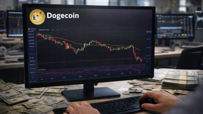 A trader’s hands operate a keyboard while monitoring a Dogecoin candlestick chart on a desktop monitor in a financial office setting.
