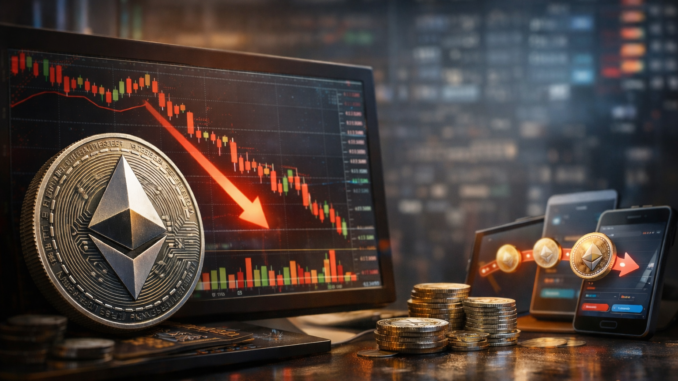 Ethereum coin displayed in front of a trading monitor showing a downward market trend, with crypto wallets and coins symbolising transfers during a price decline.