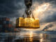 Bitcoin gold bar suspended by an industrial crane above a stormy shipping port, symbolizing Bitcoin’s price surge amid geopolitical tension from the Iran war and uncertainty tied to Trump tariff policies.