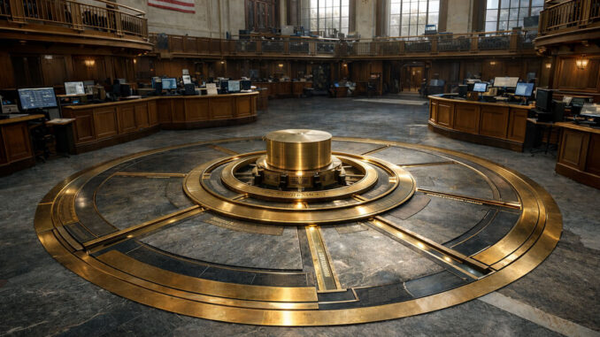Institutional trading floor built around a vault-like circular mechanism, symbolizing Wall Street’s growing push to control tokenization on its own terms