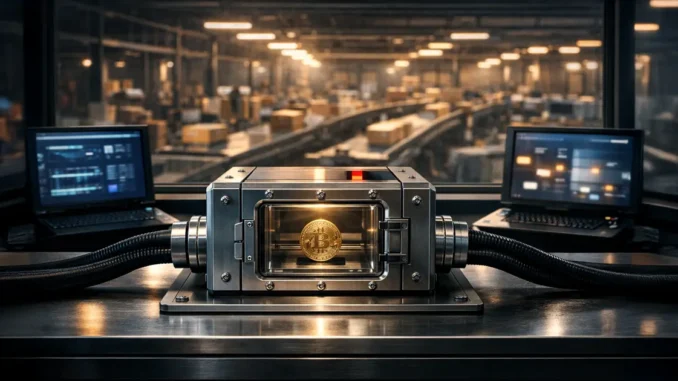 Bitcoin secured inside a transparent payment module between connected AI systems in a factory control room, symbolizing crypto’s potential role in protecting machine-to-machine transactions online