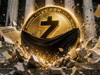 Zcash coin erupting through Wall Street debris as institutional interest drives a powerful rally in privacy-focused cryptocurrencies