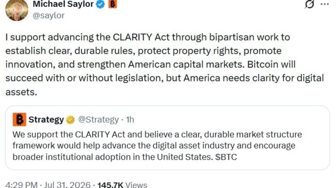 Saylor and Strategy Officially Back CLARITY Act for US Crypto